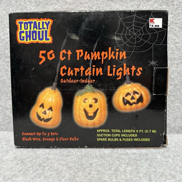 Vintage Halloween String Lights Totally Ghoul Pumpkin Curtain Blow Mold 50 Ct - Picture 1 of 3